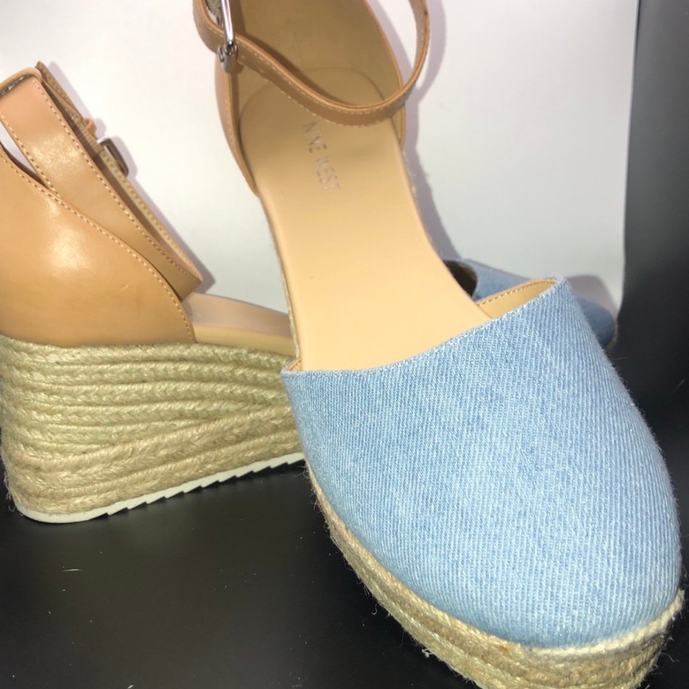 Nine West Blue and Tan Wedge Espadrilles